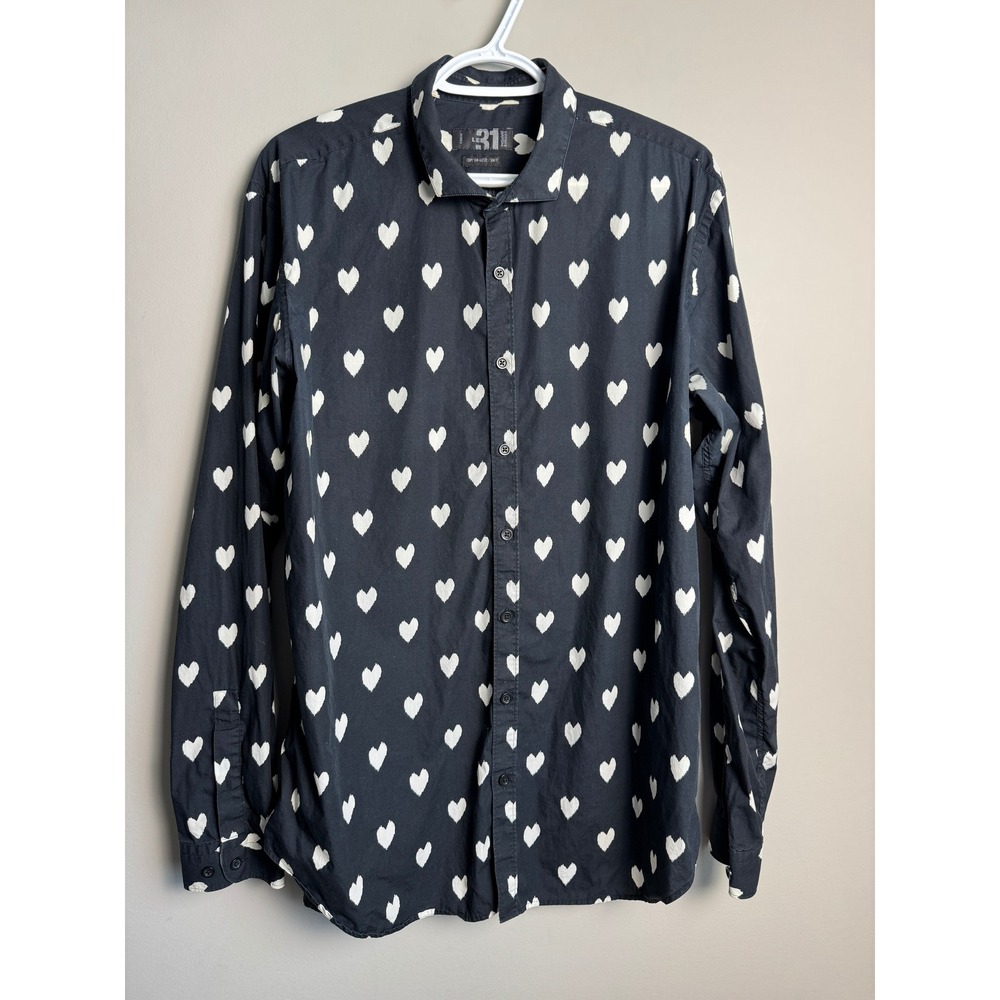 Le 31 Heart Print Long Sleeve Button Up Shirt Black Indie Softboy Romantic XL